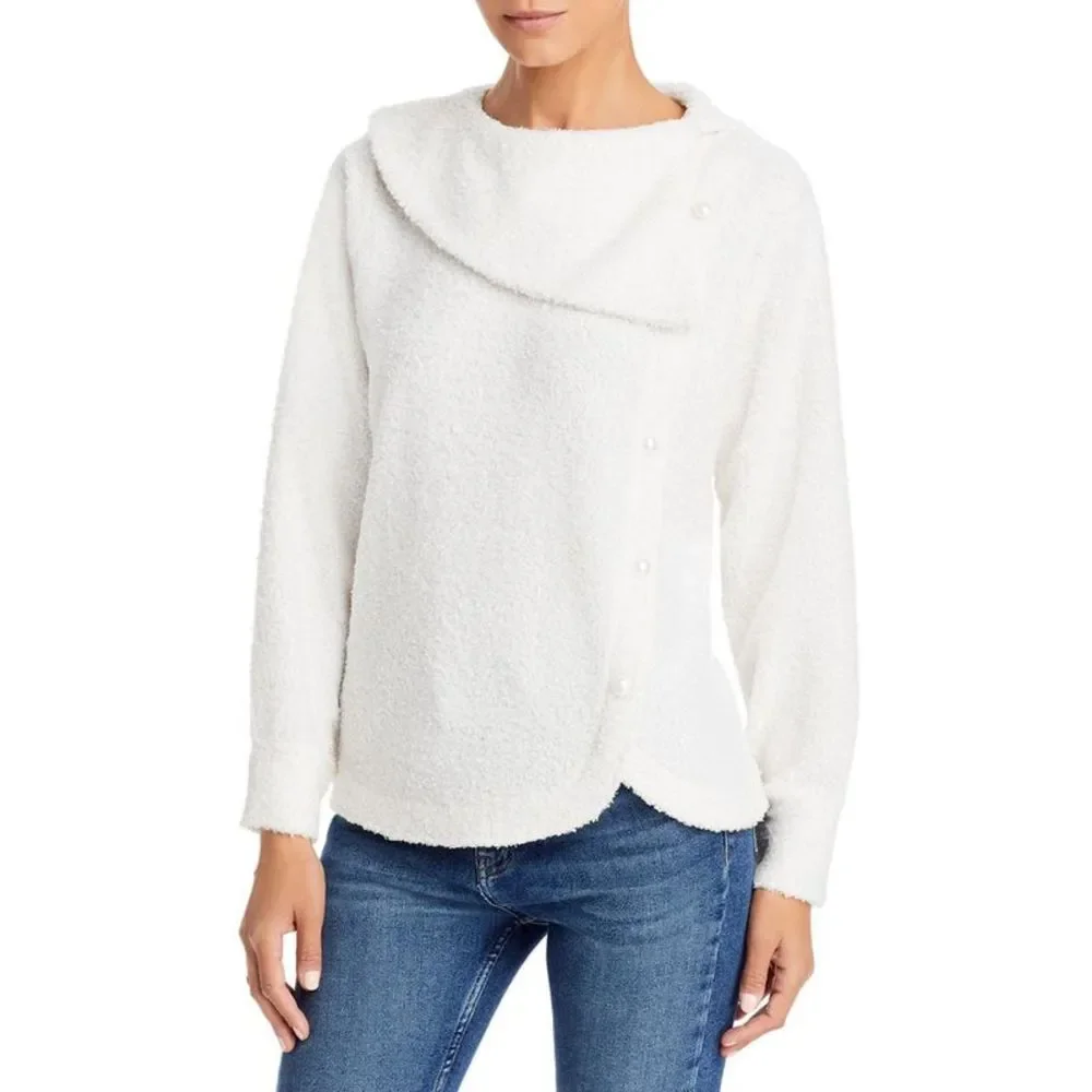 Adrienne Vittadini Womens Ivory Sherpa Tulip Hem Pullover Sweater Top NWT